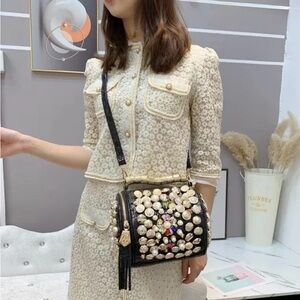 Embellished Pearl Accent Crossbody Bag - Black